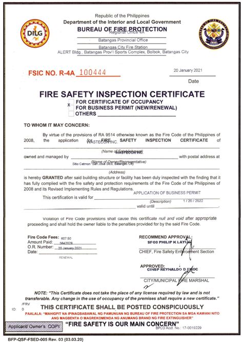 Fire Safety Inspection Certificate (FSIC) in the Philippines.